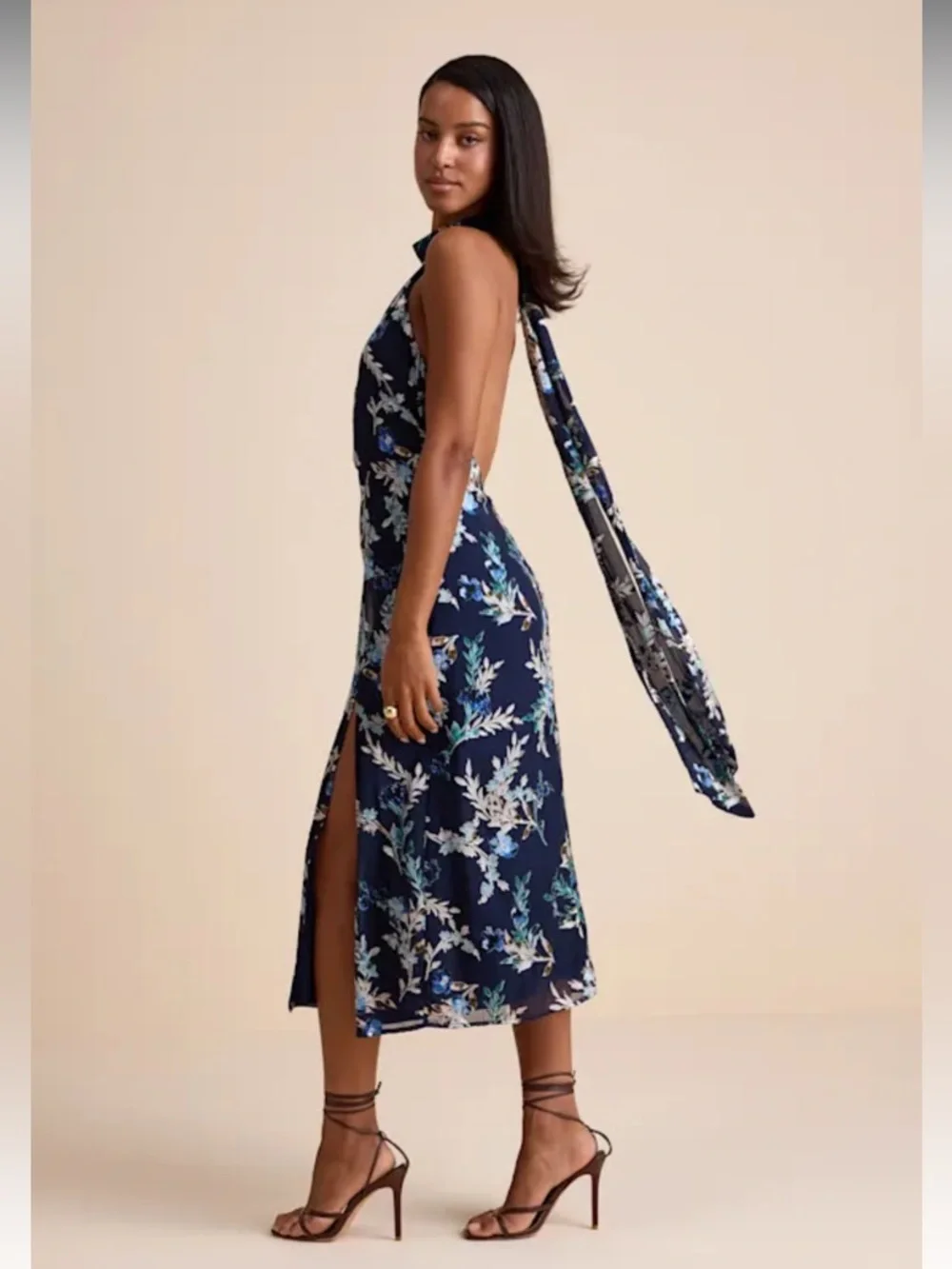 Lulu's Lizbeth Navy Floral Jacquard Backless Halter Midi Dress with Side Slit - Picture 2 of 15